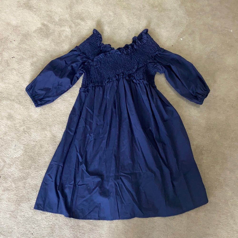VASNA off the shoulder navy shift dress.